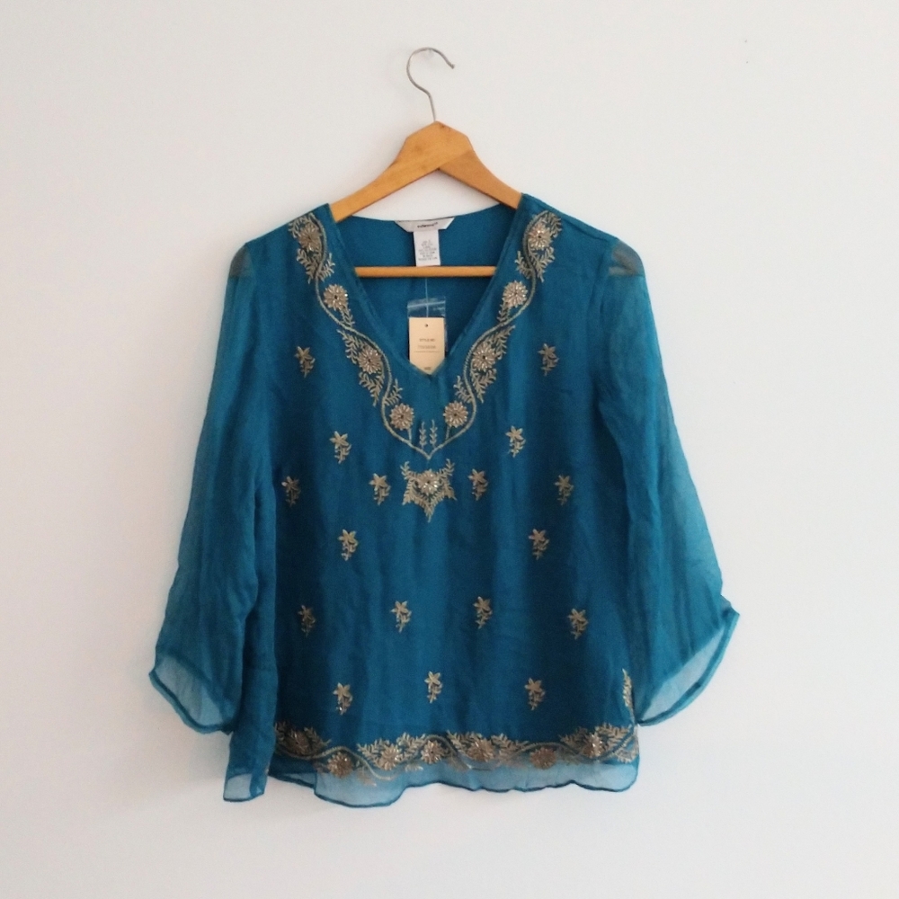 NWT Edward Teal Silk Beaded Blouse